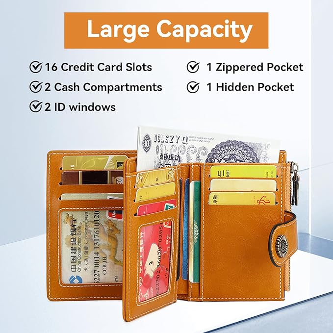 Women's Small Genuine Leather Bifold Wallet Large Capacity RFID Blocking with 16 Card Slots 2 ID Windows and Zipper Coin Pocket Pink (Yellow)