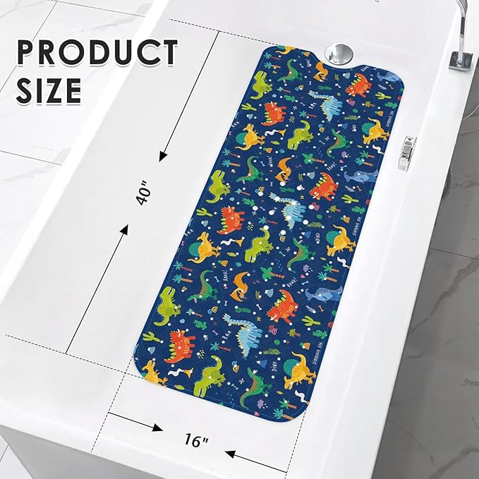 Baby Bath Mat for Tub for Kids, Cute Dino Animal 40 X 16 Inch Extra Long Toddler Bathtub Non Slip Cartoon Dinosaurs Shower Mat for Tub Anti Slip with Suction Cups and Drain Holes