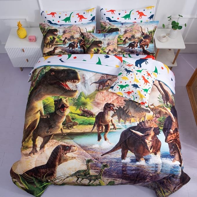 9 Piece Queen Size Dinosaur Comforter Set Bed in a Bag,Kids Queen Comforters 3D Dinosaur Bed Quilt Set for Teens,1 Comforter+4 Pillowcase+1 Flat Sheet+1 Fitted Sheet+2 Throw Pillows Case