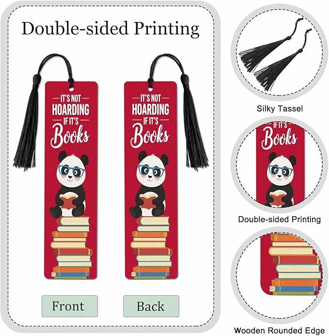 Panda Reading Bookmarks 5 Pcs Books Hoarding Red Wooden Bookmark with Tassels for Reading Book Lovers Gift Office School Readers Teacher