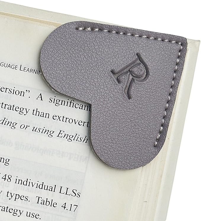 MOTEERLLU Personalized Leather Heart Bookmark with Initial, Cute Letters Custom Corner Book Mark for Reading Women, Teacher, Student, Book Lovers Gifts, Book Accessories (Grey, R)