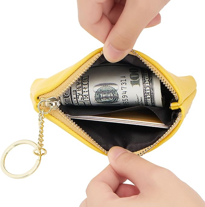 WOZEAH Artificial Leather Coin Purse Change Purse With Key Chain Ring Zipper For Men Women (Yellow)