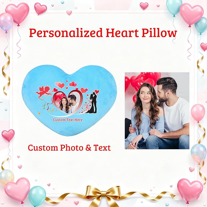 Custom Heart Pillow with Photo Name, Personalized Heart Pillows Decorative Throw Pillows as Valentine Pillow Personalized Gifts for Women Men Kids Family on Valentines Day Anniversary