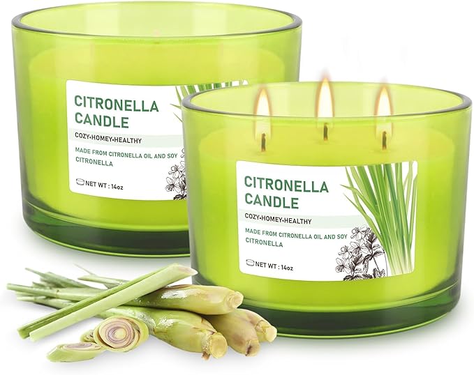 Set of 2 Green Glass Jars Citronella Oil Candles 14oz Smokeless & Outdoor Candles Perfect for Courtyards, Backyards, Camping, Picnics, and Garden.
