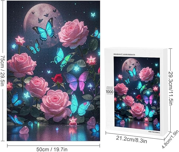 Wooden Puzzles 1000 Piece，Butterfly and Rose Themed Jigsaw Puzzles Challenge Puzzles，Educational Games，Family Puzzles，Unique Gifts for Wall Art，Funny Puzzles