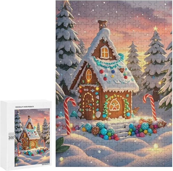 Wooden Puzzle - Christmas Gingerbread House and Candy Jigsaw Puzzles，Wooden Puzzles for Adults 300 Pieces Challenge Puzzles，Educational Games，Family Puzzles，Unique Gifts for Wall Art