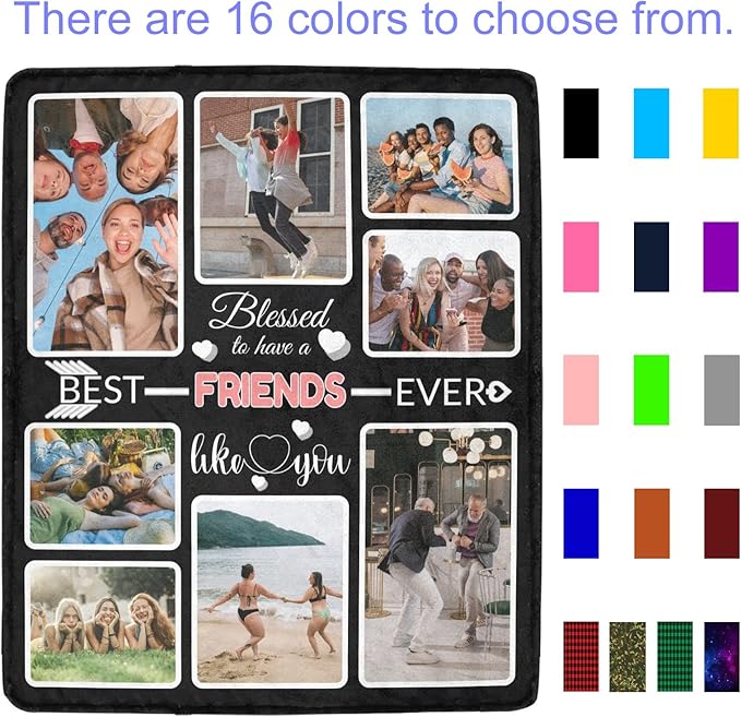 Custom Blanket Gifts with Photos, Personalized Bed Throws for Friends, Custom Souvenir Throw Blanket for Best Friends, 8 Collages Made in USA