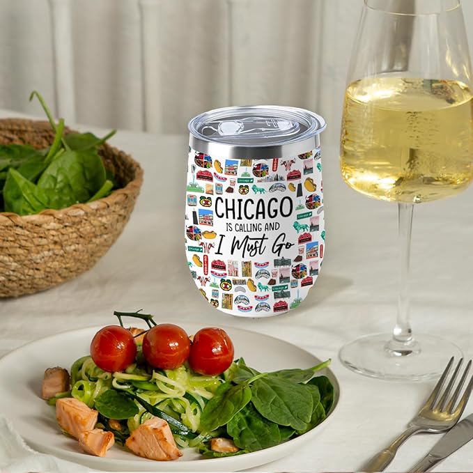 Chicago Gifts Travel Souvenir Wine Tumbler 12 oz Insulated Wine Glass Cup with Lid Straw Vacuum Insulated Cup,Travel Lover Gifts for Women Men Friend Bestie Birthday Christmas Halloween