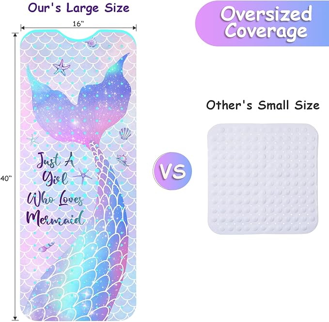 Bathtub Mat Non Slip, Mermaid Extra Long Bath tub Mat Shower Floor Mat with Suction Cups and Drain Holes for Adults Kids Elderly 40 X 16 Inch