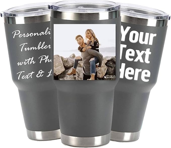 Personalized Photo 20oz 30oz Stainless Steel Tumbler,Custom Coffee Tumbler Cup With Lid And Strawstraw Vacuum Insulated With Text Photo Logo (Grey(20oz/30oz))
