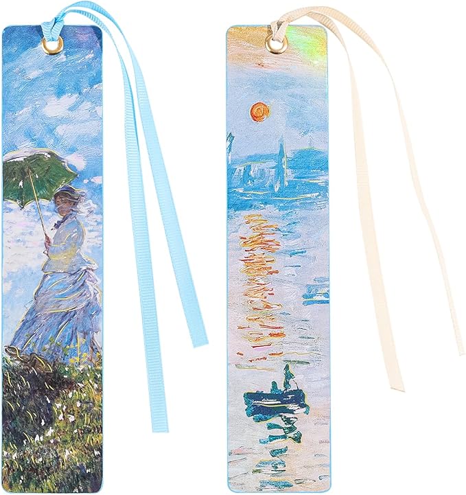2Pcs Oil Painting Bookmarks for Women, Bookmarks Set for Book Lover,Book Marks for Reading,Vintage Book Marks for Kids Students Classroom Gift for Teacher Woman with a Parasol & Impression of Sunrise