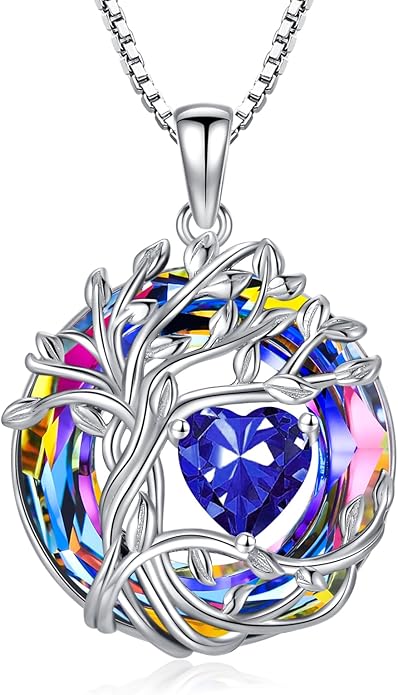 TOUPOP Tree of Life Birthstone Necklace 925 Sterling Silver Pendant Austrian Crystal Jewelry Anniversary Valentine's Day Birthday Gifts for Women Mom Her Wife