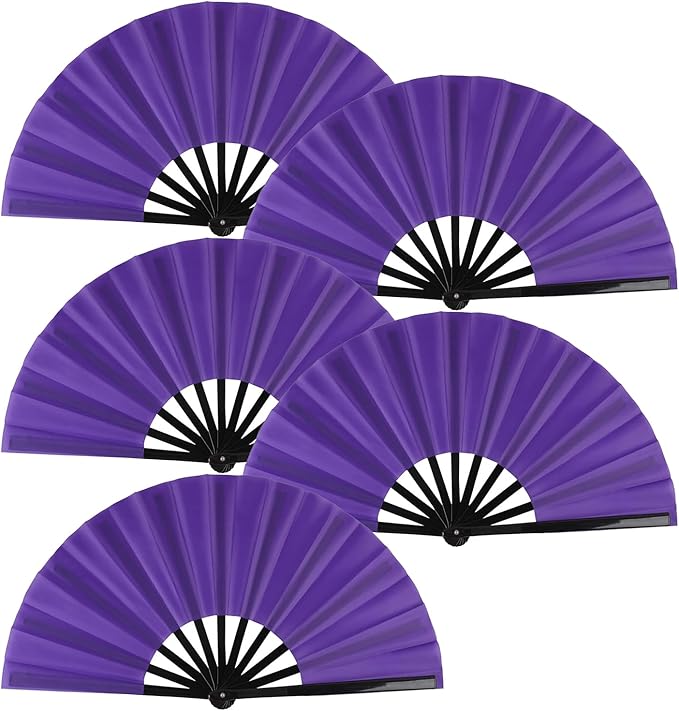 Huralona 5 Pack Large Folding Hand Clap Fan Fabric Rave Popping Fans Chinese Kung Fu Tai Chi Hand Fan Festival Dance Gift Performance Decorations (Purple)