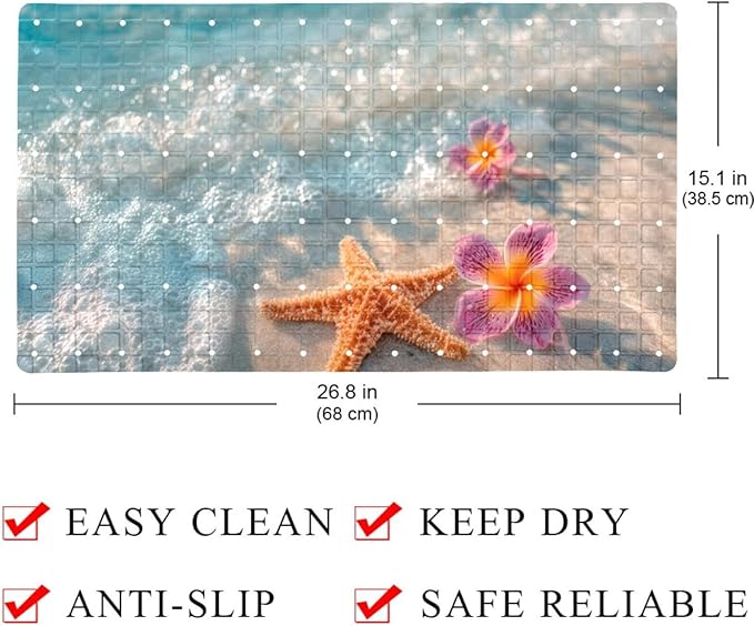 Bath Tub Mat Non Slip 15.1 x 26.8 Inch, Starfish and Flower on The Summer Beach in Sea Water Eco Friendly Bathmat with Suction Cups Drain Holes Shower Tub Mats
