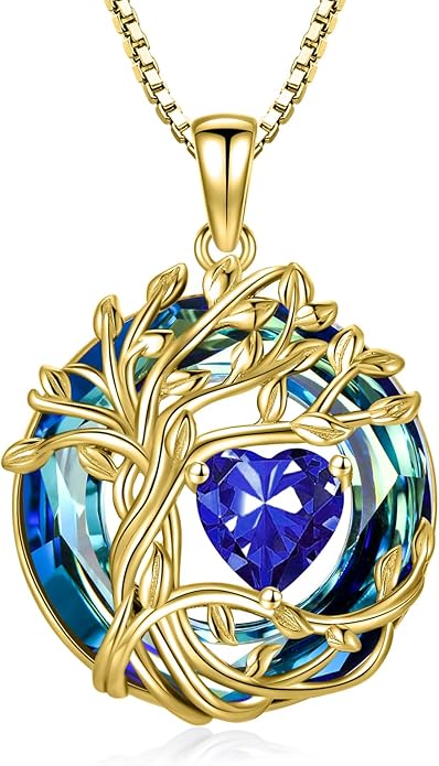 TOUPOP Tree of Life Birthstone Necklace 925 Sterling Silver Pendant Austrian Crystal Jewelry Anniversary Valentine's Day Birthday Gifts for Women Mom Her Wife