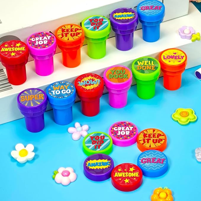 Cinrobiye 24 Pcs Assorted School Stampers, Positive Reward Sticker Stamps, Back to School Teacher Supplies for Pinata, Classroom Prizes, Goodie Bag Fillers, DIY Craft Activities