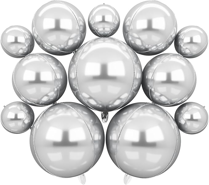 12PCS Silver Foil Balloons 22in 15in 10in Different Sizes Large Silver Foil Metallic Balloons 4D Round Chrome Balloon for Graduation New Year Birthday Party Decorations