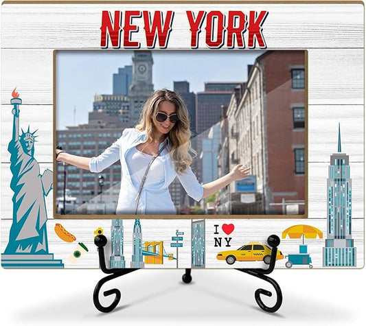 Lesixur New York 4x6 Photo Frame, Gifts for Wedding Honeymoon Vacation, New York Souvenirs for Friends Family, Wooden Picture Frame with Iron Stand for Tabletop Desktop Display, Home Table Decor -046