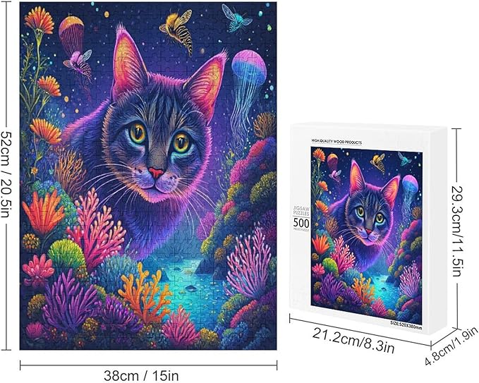 Wooden Puzzles 500 Piece，Color Cat Portrait Themed Jigsaw Puzzles，Puzzle Games Challenge Puzzles，Educational Games，Family Puzzles，Unique Gifts for Wall Art
