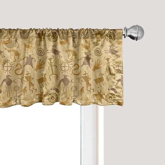 Ambesonne Ethnic Boho Window Valance, Shepherds Cave Animals and Hunters Plentifulness Print Prehistoric, Curtain Valance for Kitchen Bedroom Decor with Rod Pocket, 42" x 18", Pale Coffee and Caramel
