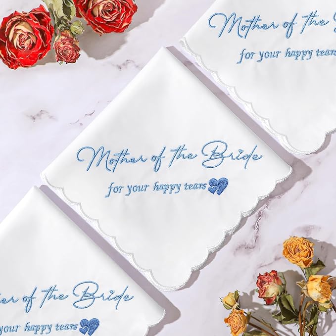 Wedding Handkerchief Something Blue for Bride, Mother Father of the Brides Groom Gifts, Embroidered Happy Tears Cotton Hanky