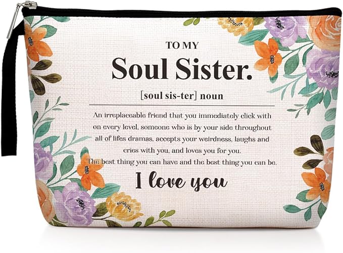 Sisters Gifts from Sister Inspirational Soul Sister Definition Noun Makeup Bag Friendship Gifts for Women Best Friends Women Bestie BFF Cosmetic Bag Zipper Pouch Bag Travel Bag for Christmas Birthday