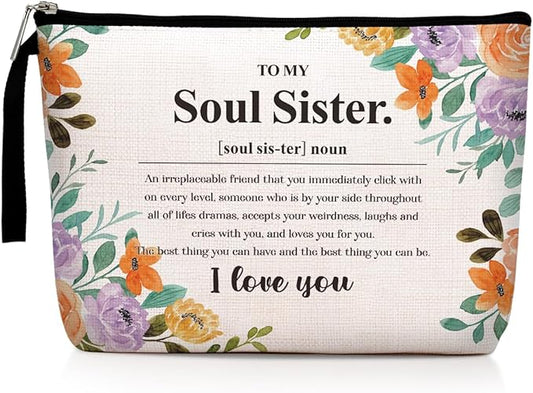Sisters Gifts from Sister Inspirational Soul Sister Definition Noun Makeup Bag Friendship Gifts for Women Best Friends Women Bestie BFF Cosmetic Bag Zipper Pouch Bag Travel Bag for Christmas Birthday