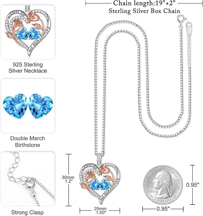 Iefil Valentines Day Gifts for Her - 925 Sterling Silver Rose Heart Birthstone Necklace Birthday Anniversary Jewelry Gifts for Her Wife Mom Daughter