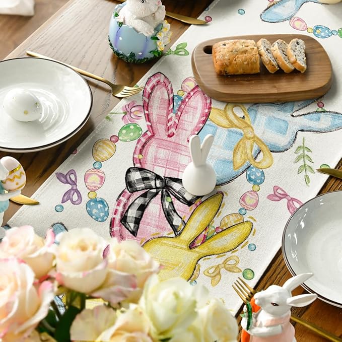 Artoid Mode Floral Bow Bunny Rabbits Eggs Easter Table Runner, Seasonal Spring Kitchen Dining Table Decoration for Home Party Decor 13x90 Inch