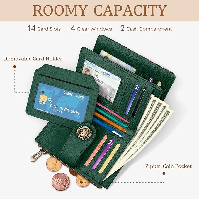 Floral Flowers Small Wallet Women RFID Blocking Bifold, Credit Card Holder, Zipper Coin Pocket, PU Leather, Compact, Travel, 4 ID Window, 14 Card Slots, Cash Purse, Ladies Woman Female Girls