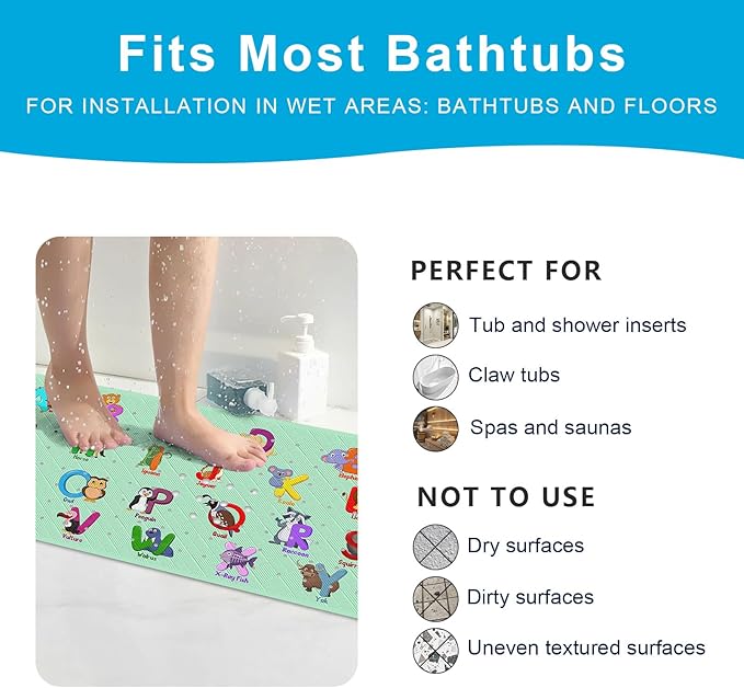 XIYUNTE Baby Bath Mat for Tub Non Slip Kids Bath Mat - 40''x16'' Extra Long Cartoon Bathtub Mat Non Slip Kids Shower Mat Eco-Friendly Toddler Bath Mats with Suction Cups, Machine Washable