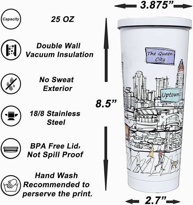 Cities Around the World 25 Oz Tumbler Series - Designed in the USA - Vacuum Insulated Tumbler with Lids & Straw - Stainless Steel Coffee Water Travel Mug, Cup for Hot Cold Drink (Charlotte)