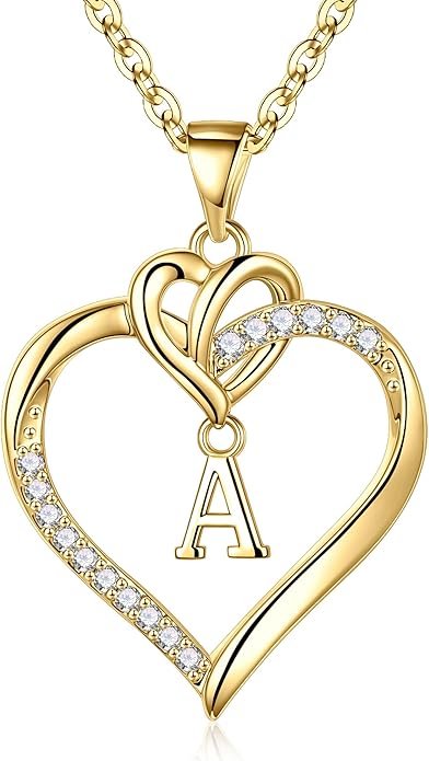 STORUP Valentines Gifts for Women Teen Girls - Heart Initial Necklaces for Women Girls, 14K-Gold-Plated CZ Initial A-Z Heart Necklaces for Teen Girl Jewelry Valentines Gifts for Her Mom Wife Sister