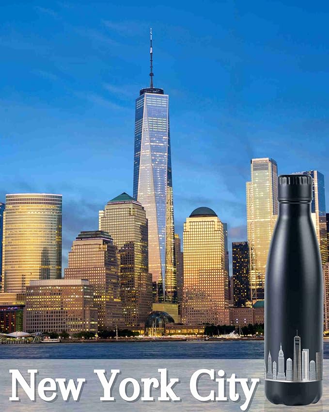 New York City Skyline Gifts, New York City Gifts for NYC Lovers, Skyline Map 17oz/500ml Stainless Steel Insulated Water Bottle, Perfect for Birthday & Christmas