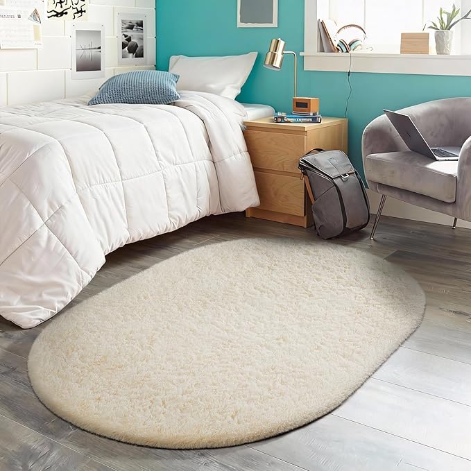 Ophanie 3x5 Oval Rug, Bedside Preppy Dorm Area Rug, College Essentials Non Slip Ivory Small Carpets for Bedroom, Anti Slip Fluffy Living Room Rugs Home Decor Aesthetic, Nursery
