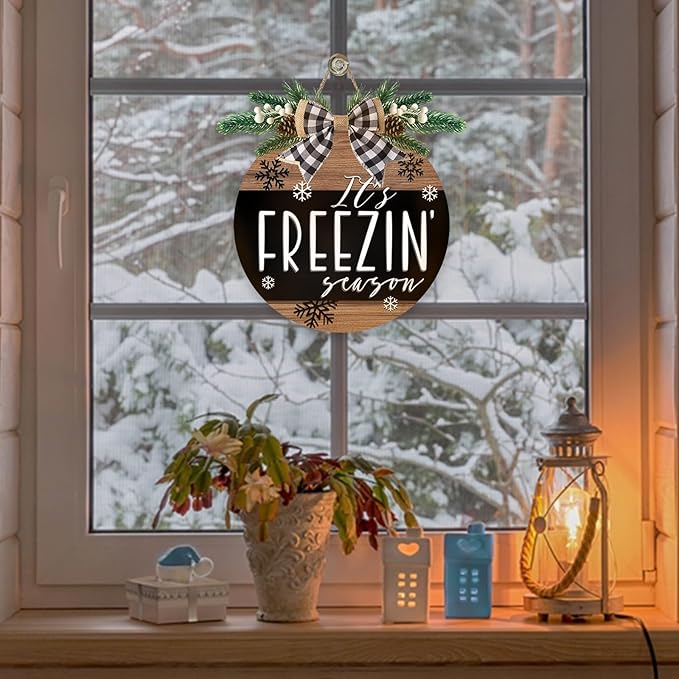 Deroro Winter It's Freezin Season Front Door Sign, Farmhouse Rustic Snowflake Wood Door Hanger Outdoor Outside Porch Decor, Christmas Wooden Wreath with Checkered Bow Indoor Wall Hanging Decoration