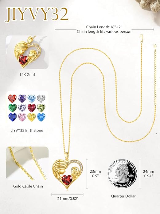Mother and Daughter/Son Love Heart Necklace White Gold/14K Gold/Rose Gold Birthstone Jewelry Christmas Mothers Day Birthday Gifts For Mom Wife Grandma Women
