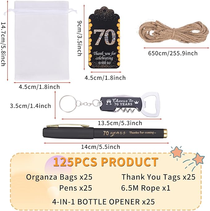 25sets 70th Birthday Party Favors for Guests Including Pens Bottle Opener Keychains Bulk Thank You Cards with Organza Gift Bags for Birthday Anniversary Souvenirs, Cheers to 70 Years