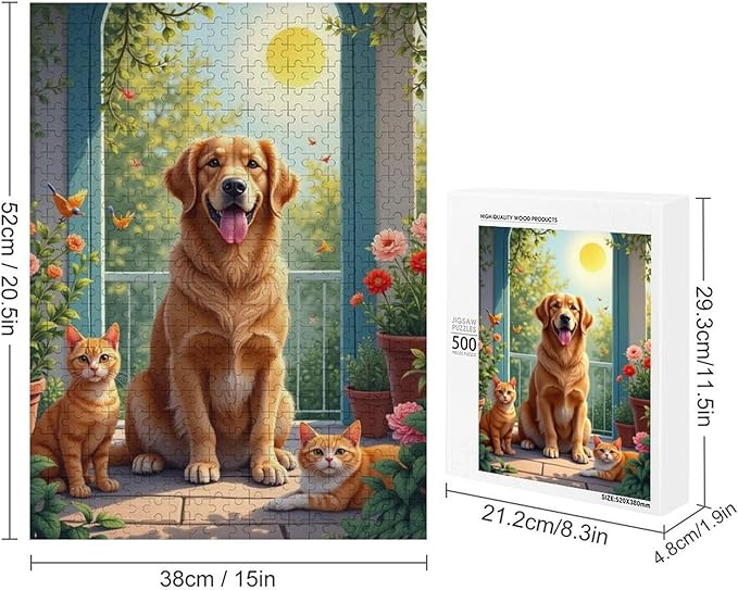Puzzles for Adults 500 Pieces Wooden Jigsaw Puzzle - Garden Golden Retriever Theme Puzzle，Party Games，Family Toys，Educational Puzzles，Stress Relief Wooden Puzzle，Gifts for Family and Friends