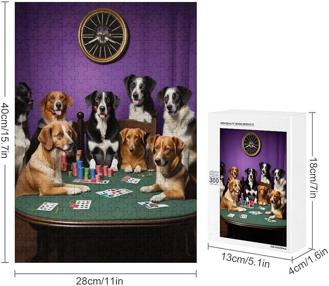 Wooden Puzzle - Dogs Playing Poker Jigsaw Puzzles，Wooden Puzzles for Adults 300 Pieces Challenge Puzzles，Educational Games，Family Puzzles，Unique Gifts for Wall Art