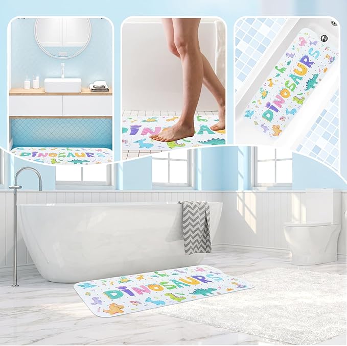 Baby Bath Mat for Tub Non Slip Kids Bathtub Mat Extra Long 40X16 Inch Toddler Bath Tub Shower Mat Anti Slip with Suction Cups & Drain Holes, Machine Washable (Dino Letters)