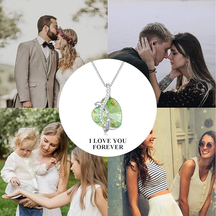 AOBOCO I Love You Sterling Silver 12 Birthstone Heart Pendant Necklace Embellished with Crystals from Austria, Mother's Day Anniversary Birthday Jewelry Christmas Gifts for Women Grandma Nana