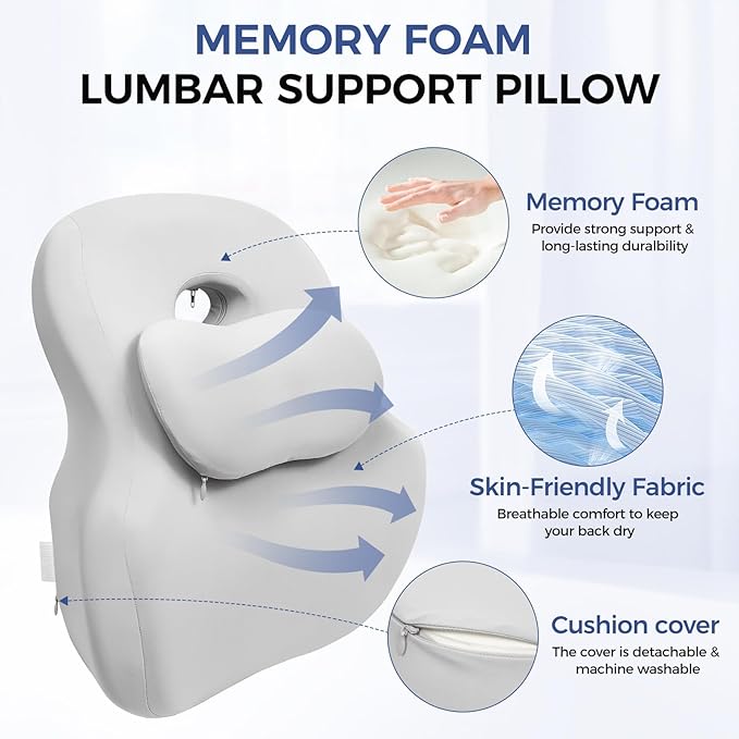 Memory Foam Lumbar Support Pillow for Back Pain Relief, Ergonomic Design, Orthopedic Cushion