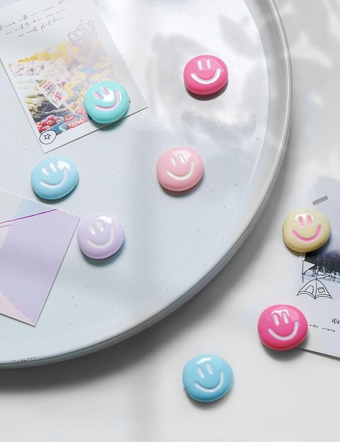 Mymazn Fridge Magnets Cute Refrigerator Magnets, 12Pcs Colorful Magnets for Whiteboard Cabinet Locker, Resin Smile Face Decorative Magnets for Classroom Kitchen Office
