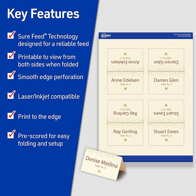 Avery Printable Tent Cards with Sure Feed Technology, 2" x 3.5", Ivory, 160 Blank Place Cards for Laser or Inkjet Printers (5913)