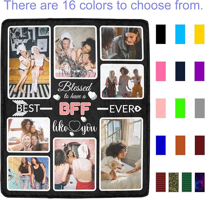 Custom Blanket Gifts for BFF, Customized Blankets with Photos, Make a Personalized Bed Throws to My BFF, Custom Souvenir Throw Blanket for Best BFF Ever, 8 Collages Made in USA