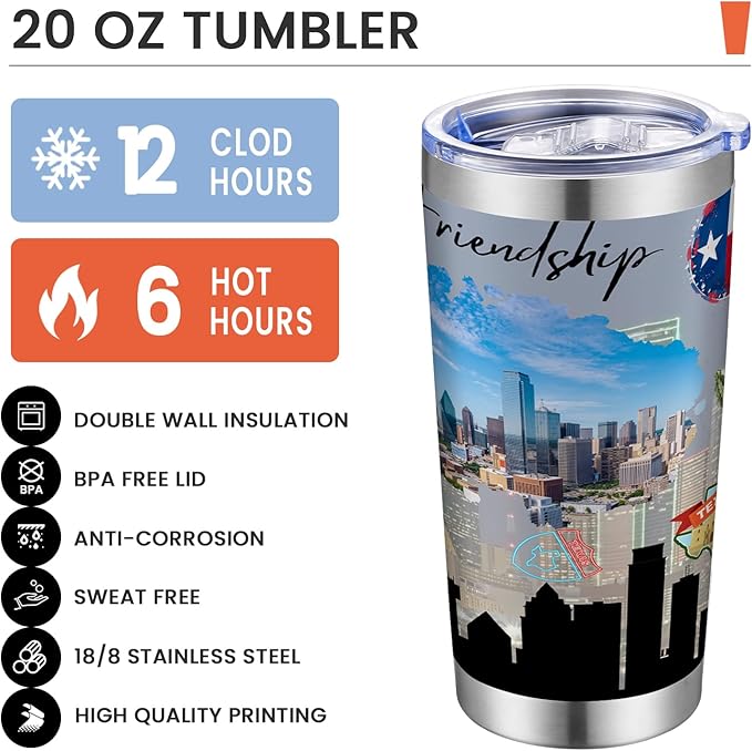 20oz Insulated Tumbler Texas State Coffee Mug, United States Map Travel Mug Landmark, Birthday Gifts Cute Custom Tumbler Cups with Lid and Straw Gifts for Mom
