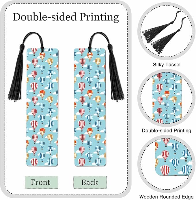 Hot Air Balloons 5 Pcs Bookmarks Colorful Festival Blue Sky White Clouds Wooden Bookmarks with Tassel for Students Reader Teachers Book Lovers