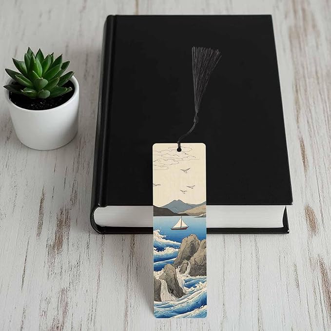 Ocean Waves Bookmarks 5 Pcs with Tassels Rocks Sailboat Seagulls Wooden Bookmarks for Reading Women Students Teacher Reader