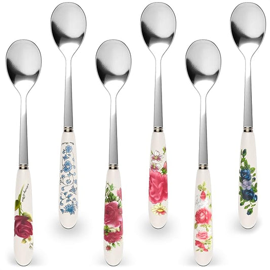 6 PCs Ceramic Handle Coffee Spoons Set – 6.1" Small Dessert Spoons with Floral Design – Stainless Steel Tea & Dessert Sugar Spoon for Coffee Bar, Espresso, Hot Drinks | Kitchen Gift Set for Women